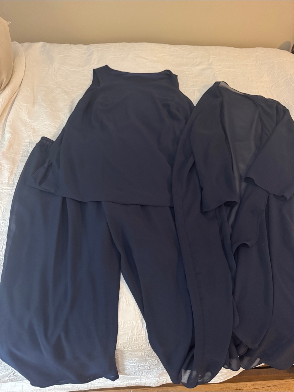 Women's 3 piece Navy Wide-Leg pants, sleeveless shell with Matching Drape Cardi